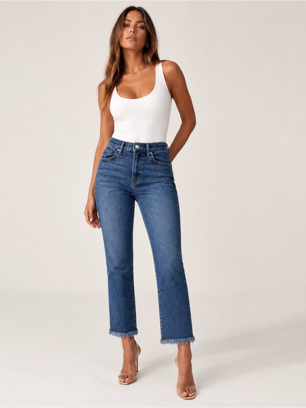 Good American Cropped Straight Leg Jeans Size 2/26 Raw Frayed Hem